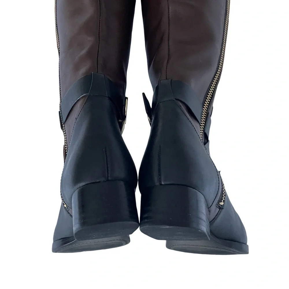 Michael Kors Black and Brown Leather Knee Boots with Gold hardware. Size 6